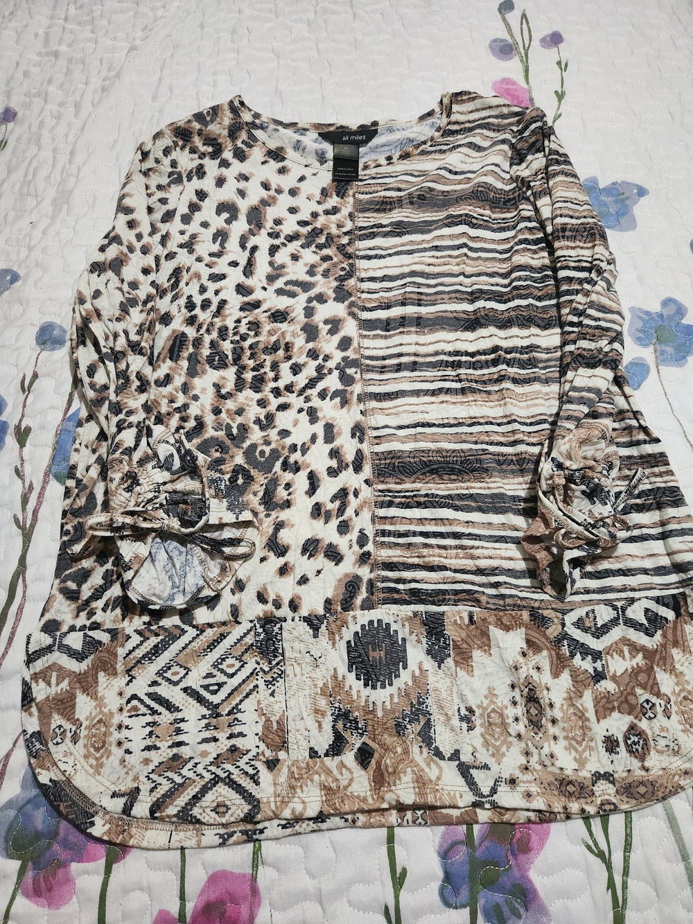 Ali Miles Mix Patch Work Leopard Mixed-Print Tunic Top